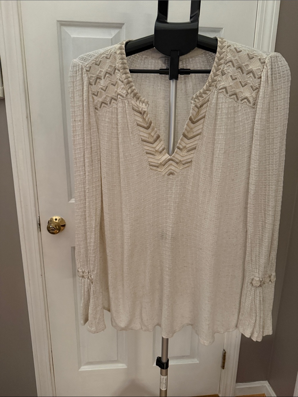 Lucky Brand Cream Embroidered V-Neck Peasant Blouse